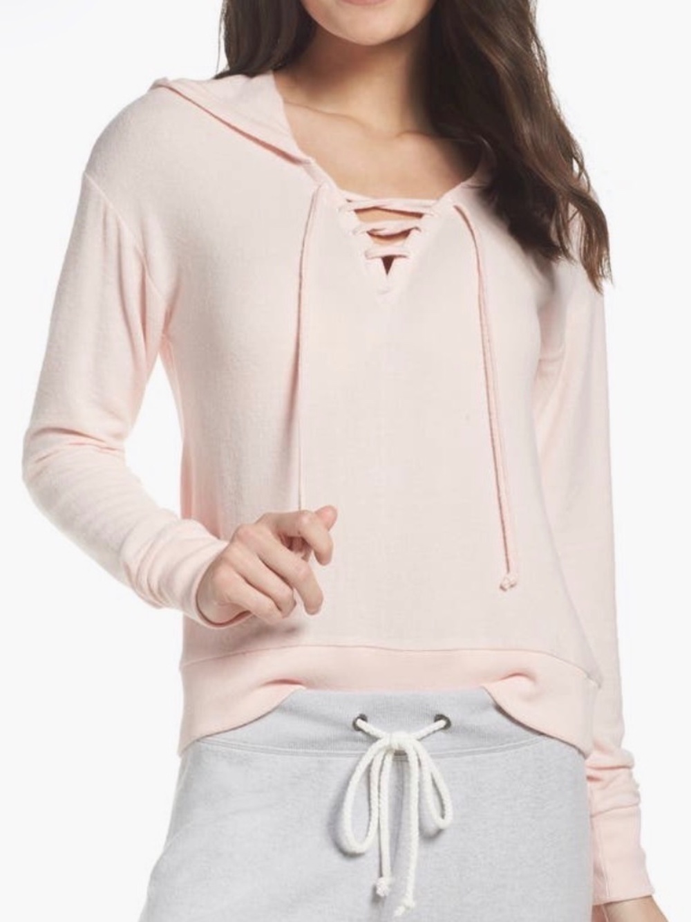 Nordstrom Make + Model Laced Neck Pull Over Hoodie Pink Veil Soft Hachi Knit S